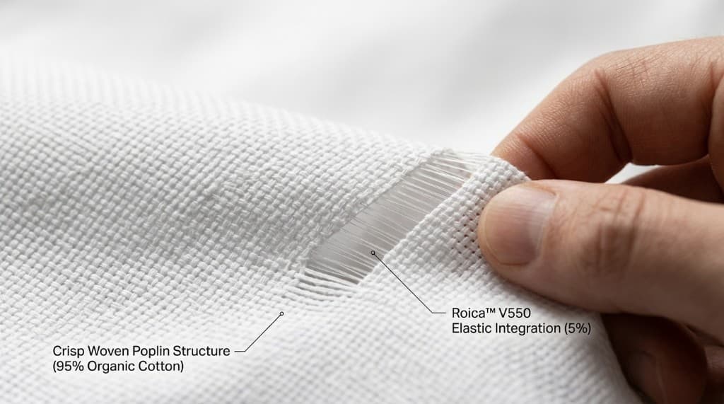 Crisp woven poplin: 95% organic cotton with Roica V550 elastic