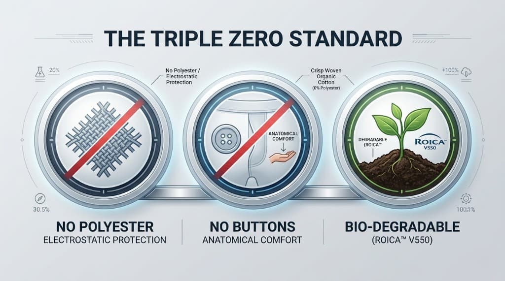 The Triple Zero Standard: no polyester, no buttons, biodegradable